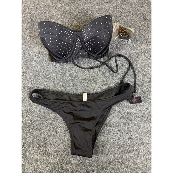 Rare Victoria Secret Bikini Set Black Lace Up Top & cheeky Bottoms Swimwear M - Picture 3 of 8